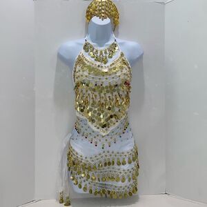 Women's 5PC White & Gold Chiffon Beaded Bellydancer Costume With Headdress OS